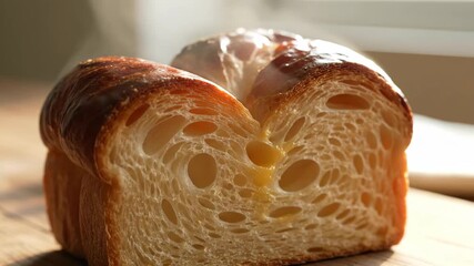 Artisan bread slices with golden crust and air pockets showcased with perfect sunlight reflection - Powered by Adobe