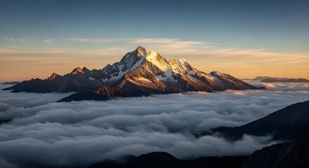 Snowcapped mountain peak rising above a sea of clouds at sunrise