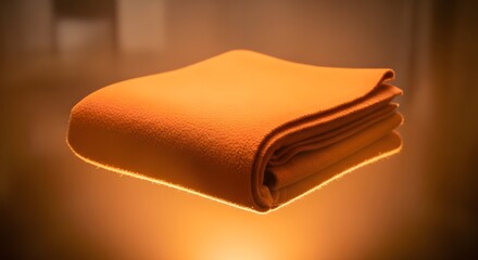 Closeup of a folded orange blanket on a reflective surface with warm lighting