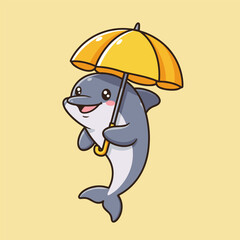 Adorable cartoon dolphin character smiling happily and holding a bright yellow umbrella.