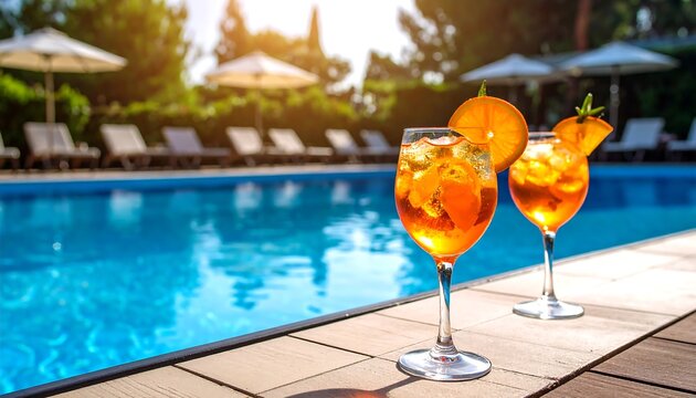 Two Orange Cocktails by a Sunny Swimming Pool - Powered by Adobe