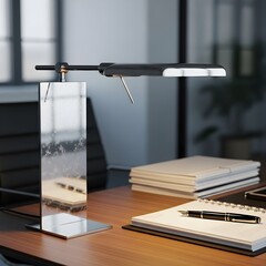 Modern black desk lamp with notebook and pen on a wooden desk