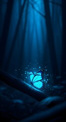 A glowing blue butterfly perched on a branch in a dark forest