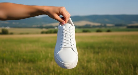 Person Holding White Sneakers in Open Field with Mountains in Background