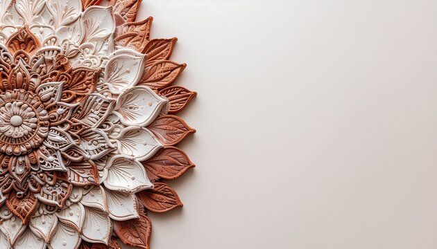 Textured decorative floral mandala made of clay or plaster in earthy brown and white tones, hanging on a neutral wall with copy space