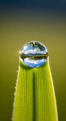 Water droplet on a blade of grass reflecting the sky and clouds above