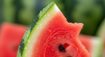 Closeup of a juicy watermelon slice with a bite taken out of it