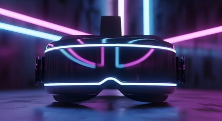 Virtual reality headset with neon lights reflecting on the shiny surface
