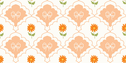 Coquette Floral trellis seamless pattern with bows and ribbons. Preppy spring summer hand drawn flowers. Botanical elegant trendy print. Vintage design for fabric, wallpaper, decor, background, paper