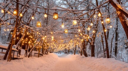 Snowy Forest Path with Warm Hanging Lanterns and String Lights in Winter Evening