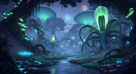 Enchanting fantasy landscape with glowing mushrooms and surreal flora at night