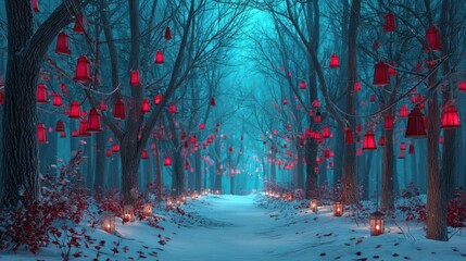 Snowy Forest Path with Red Lanterns and Lanterns Ambient Lighting in Twilight