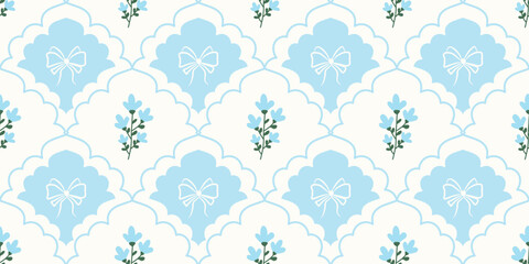 Coquette Floral trellis seamless pattern with bows and ribbons. Preppy spring summer hand drawn flowers. Botanical elegant trendy print. Vintage design for fabric, wallpaper, decor, background, paper
