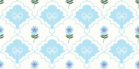Coquette Floral trellis seamless pattern with bows and ribbons. Preppy spring summer hand drawn flowers. Botanical elegant trendy print. Vintage design for fabric, wallpaper, decor, background, paper