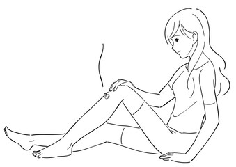 足にお灸をする女性の白黒イラスト