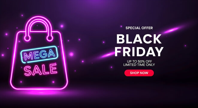 Black Friday Mega Sale Special Offer Promotion Banner With Neon Shopping Bag Sign Light Effect Futuristic Style Limited Time Discount Fifty Percent Off Business Retail Commerce Event On Dark Purple Ba
