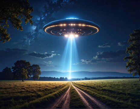 UFO beam in night sky over grassy field, dirt road