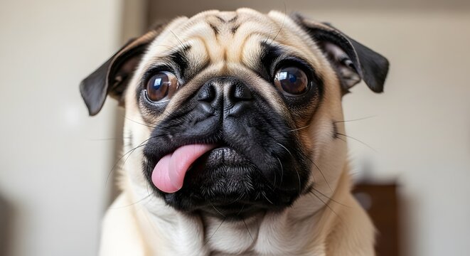 Close-up portrait of a pug with its tongue out in a blurred indoor setting. - Powered by Adobe