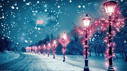 Snowy Winter Path with Illuminated Pink Street Lamps and Festive Decorations in Cold Night Scene