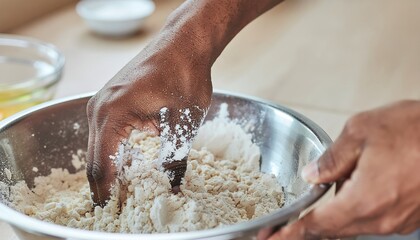Fototapeta premium A close-up of a person's hands mixing dry ingredients (flour) in a stainless steel bowl for baking.