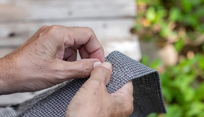 A close-up of older hands mending or sewing a piece of dark, textured houndstooth fabric outdoors.