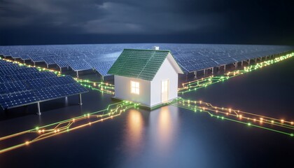 A small house is connected to a vast array of solar panels by glowing digital energy lines at night.