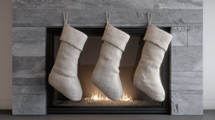Three Christmas Stockings Hanging on Fireplace in Modern Home with Fireplace Glow