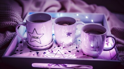Three White Coffee Mugs on Tray with Fairy String Lights in Cozy Bedroom Setting