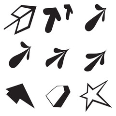 Collection of abstract black shapes and arrows on a white background