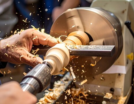 Wood lathe in use, crafting