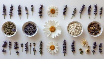 Symmetrical flat lay of lavender, daisies, and bowls of dried herbs on a white background.