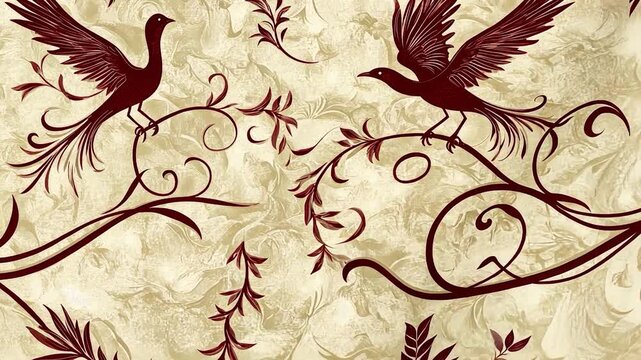Ornate birds and vines in muted colors