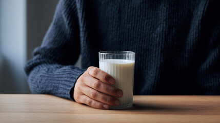 Person in Navy Sweater Holding a Ribbed Glass of Fresh Milk on a Wooden Table, Generative AI
