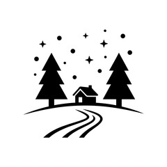 Fototapeta premium Winter wonderland scene with cabin, trees, stars and snow for holiday season vector illustration icon