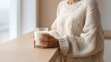 Young Woman in Cream Knit Sweater Holding a Refreshing Glass of White Milk, Generative AI