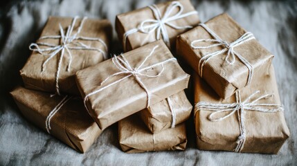 Wrapped Gift Boxes in Brown Paper Tied with White String on Fabric Surface