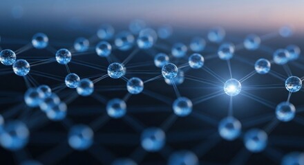 Abstract network with connected shiny spheres; focus on bright center