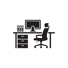 Home Office Desk Setup with Chair Silhouette Vector
