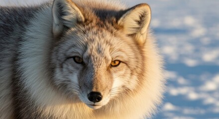 Obraz premium Arctic fox portrait, creamy white fur against blurred snowy background in golden light