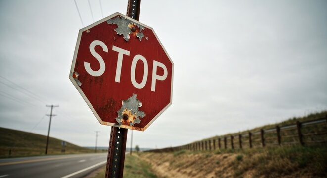 Aged, weathered red stop sign by rural road, cloudy sky backdrop