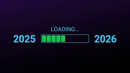 Blue loading bar from 2025 to 2026 on a dark blue and black background. New Year concept
