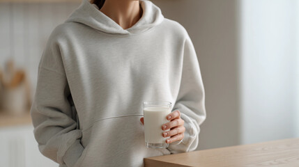Young Woman in Gray Hoodie Holding a Glass of Milk in a Bright Kitchen, Generative AI