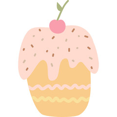 A whimsical cartoon cupcake with pink frosting and a cherry on top rests against a transparent background showcasing its playful design and sweet dessert elements ideal for graphic design projects