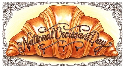 Artistic illustration of a croissant with national croissant day text, framed by an ornate border