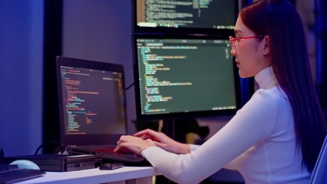 Asian software engineer or programmer team working late in development office,problem solving or algorithm of ai assistant helping for work.software developer,digital technology security concept - Powered by Adobe