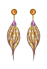 Jewelry design vintage art earrings with amethyst and orange sapphire design by hand drawn.