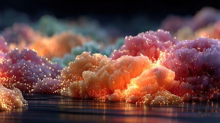 Abstract illustration of colorful, glowing, and textured forms with artistic details and lights