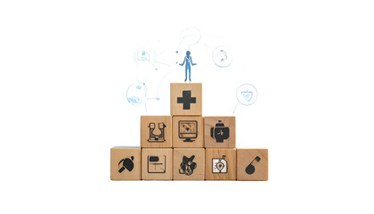 Conceptual image of a stick figure atop wooden blocks with medical and tech icons