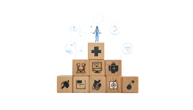 Conceptual image of a stick figure atop wooden blocks with medical and tech icons