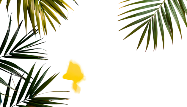 Green palm fronds frame a black background, with a yellow splash in the center